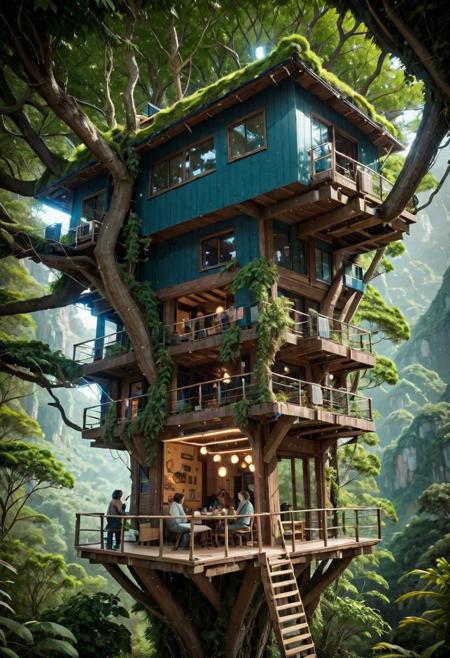 A small vendor selling coffee and snacks, with a bar, surrounding an adult woman in dirty clothes sitting in a green treehouse, creating a hyperpunk scene with desaturated  brown and dark blue details, colorful (polaroid:0.7) with vibrant colors, (vacations, high resolution:1.3), (small, selective focus, european film:1.2), (sexual advance:1.1), closeup,
[signal light|emergency light|red light|red light|green light|neon light_light signal, chart|analysis chart|monitoring screen |Various indicators|marquee|head-up display_LED signage, observation window|main window|side window_window, handle|indicator|window|slogan|light signal_hatch, leather seat|helmet|adjuster|headset| Pedal_Driver's Seat:0.4],
[Metal|Leather|Flash|Neon|Glass|Screen|carpaint_Detailed Texture: 0.7],
(sci-fi:1.2), (futuristic:1.2), (dystopian:1.1), (realistic:1.2), (industrial:1.2),(mecha:1.1), 
OverallDetail, great lighting, zoya, clear, scifiurban, treehouse