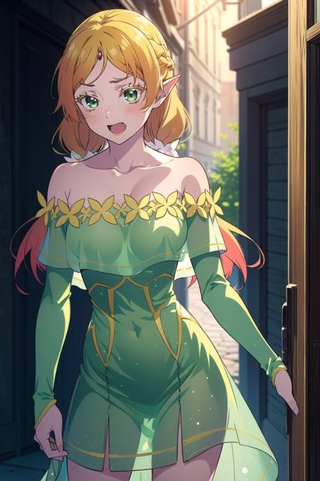 ((best quality)), ((masterpiece)), <lora:idk:0.8>, sui, (suidress:1.1), eyelashes, colored eyelashes, blonde hair, gradient hair, long hair, low twintails, hair_bow, circlet, long dress, green dress, (see-through:1.1), bare shoulders, long sleeves, cowboy shot, standing, legs apart, looking at viewer, embarrassed, blush, open mouth, fang, hand on own chest, looking away