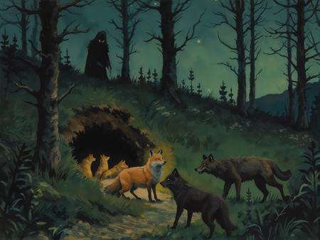 The image portrays a nighttime forest scene with a dark, moody atmosphere. The central focus is a burrow embedded into a sloping hill, its entrance shrouded in blackness, where small fox cubs are huddled together, their golden silhouettes barely visible in the darkness. At the mouth of the burrow, a mother fox stands defiantly, her body tense and poised to defend her young.
(Surrounding her, several wolf-like figures lurk on the grassy terrain. Their aggressive postures suggest movement, their limbs rigid and poised as if preparing to attack.  Though simple in form, the wolves' presence conveys a clear menace, their positioning closing in around the mother fox.
The background consists of tall, spindly trees with jagged, dark trunks, their branches reaching upward, framing the scene ominously. Dense bushes and undergrowth further enhance the secluded, deep-forest setting. At the top of the hill, a lone, ghostly figure stands motionless, its pale form contrasting against the dark backdrop, adding an eerie, watchful presence. The color palette is dominated by deep greens, browns, and blacks, reinforcing the night-time setting and heightening the tension of the confrontation.
<lora:OBä¸­ä¸çºªæ²¹ç»v1.1:1> OByouhua, oil painting
