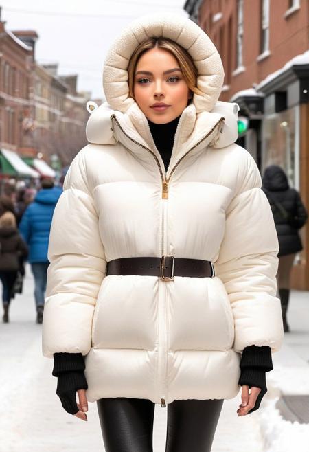 (white Oversized sherpa down coat, white Oversized sherpa puffer coat, white Oversized sherpa winter clothes, very very cold, in cold:1.5), semi-realistic, (full body:1.5), (puffer hood:1.5), (fur boots:1.5), (tight pants:1.5), (belt:1.5), sharp eyelid, eyeliner, eyelashes, beautiful detailed eyes, tsurime, short hair, blonde hair, wet hair, (wet:1.5), blue eyes, messy hair, sidelocks, perfect anatomy, (walking:1.5), (town:1.5), (street, daytime, snow, winter, cold winter, snowing:1.5), detailed background, highres, best quality, olive skin, android 18, mother, milf, solo, perfect eyes, perfect face, masterpiece, best quality, finely detailed beautiful eyes and detailed face, ultra-detailed, anextremely delicate and beautiful, intricate details, lovely lips, delicate facial features, blush, 8k_resolution, smile, hair tucking,