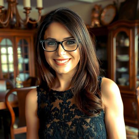 A portrait of an elegant brunette woman with glasses, smiling at the camera in her dining room. She is wearing a black lace dress and has long hair. The background features wooden furniture and vintage decor.