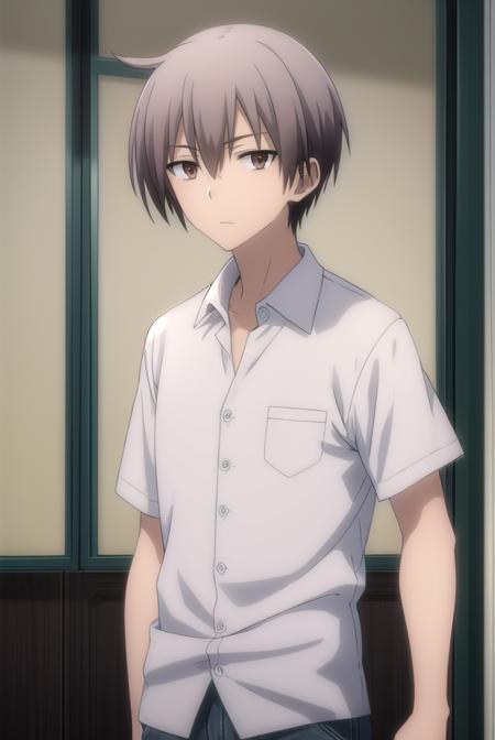 ayumuaikawa, <lora:ayumu aikawa s2-lora-nochekaiser:1>,
ayumu aikawa, short hair, grey hair, (brown eyes:1.3), male focus,
BREAK short hair, shirt, white shirt, collared shirt, pants,
BREAK indoors, classroom,
BREAK looking at viewer, (cowboy shot:1.5),
BREAK <lyco:GoodHands-beta2:1>, (masterpiece:1.2), best quality, high resolution, unity 8k wallpaper, (illustration:0.8), (beautiful detailed eyes:1.6), extremely detailed face, perfect lighting, extremely detailed CG, (perfect hands, perfect anatomy),