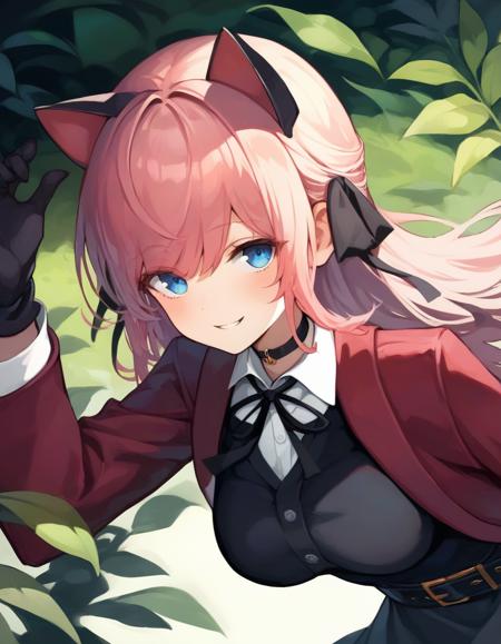 score_9,score_8_up,score_7_up,score_6_up BREAK official art,solo,outdoors,smile,upper body,(portrait:1.5),looking at viewer,facing viewer,Vivi,cat ears,long hair,pink hair,hair ribbon,black ribbon,sidelocks,bangs,blue eyes,choker,red coat,black dress,collared shirt,white shirt,shirt under dress,neck ribbon,white button,long sleeves,black gloves,large breasts,black belt,black thighhighs,zettai ryouiki,boots,black footwear,<lora:Vivi(v atmi)-Pony:1.4>,<lora:Smooth Anime Style LoRA XL:0.8>,