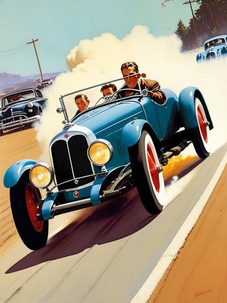 <lora:04Vintageillustration_Hap_XL:3.3>,Norman Rockwell style,vintage poster, sports car goes into a skid in the style of need for speedï¼
