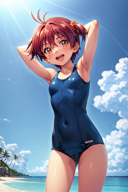 1girl, akaneisshiki, brown eyes, red hair, short hair, twintails