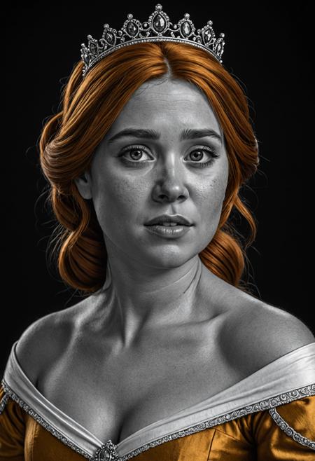upper body shot, Princess Fiona, black and white image, in the style of hyperrealism and photorealism, precisionist art, emotionally charged scenes, dark amber, vibrant realism, photo taken with nikon d750, elegant realism