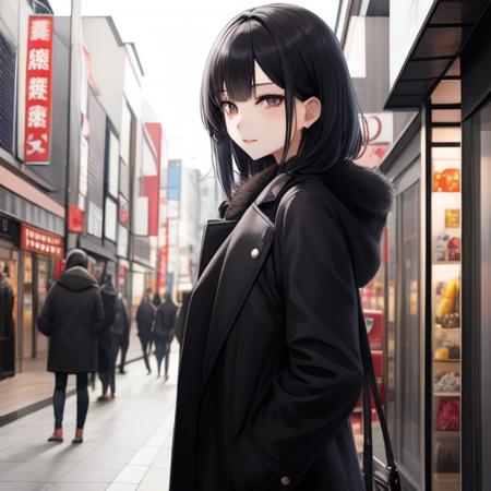 cyberpunk, japanese girl, black eye and black hair, in city street, black coat