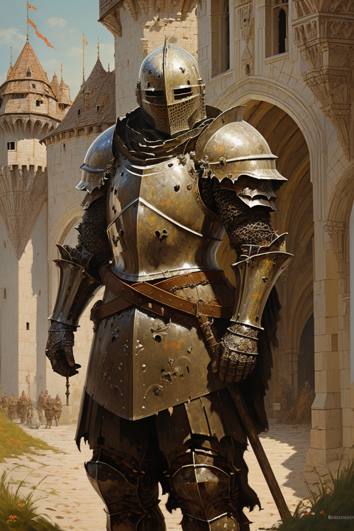 A Medieval Knight in Full Armor Standing in Front of a Castle Gate