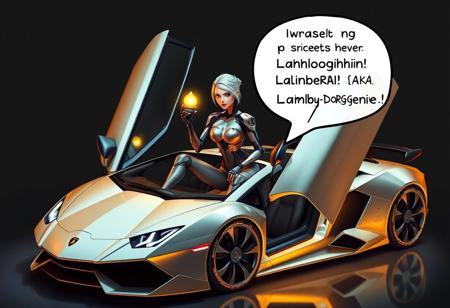 A female cyborg, holding a genie lamp while sitting on an futuristic Lamborghini with a scissor open door that has a lamb vinyl, and a bubble that says "I present you the Lamborghini CivitAI, AKA, The Lamb-Borg-Genie!"