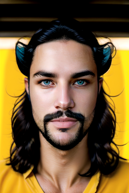 Tobias X'voor, solo, long hair, looking at viewer, blue eyes, black hair, 1boy, closed mouth, upper body, male focus, facial hair, portrait, beard, realistic, mustache <lora:Tobias_Xvoor-000008:1>