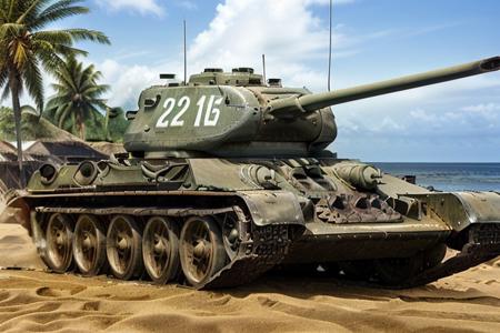 Tank t34 racing down the sand beach, (tropical island background), shooting, day time, High Detail, Sharp focus, ((photorealism)), realistic, best quality, 8k, side view, sun in the sky