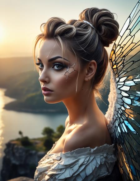 epic insane detailed photo shot of of an angel (young gina lollobrigida) with hair gathered in a high bun with huge glass wings at sunset, she sits on the edge of a cliff, with a view of the lake beyond, focus on a wings, detailed skin, detailed eyes, realistic, realism pushed to the extreme, attractive, provocative, glass,crack,broken glass,  electric waves, amber light, dynamic pose, HDR, vibrant colors, Made_of_pieces_broken_glass, dark shot:1.17