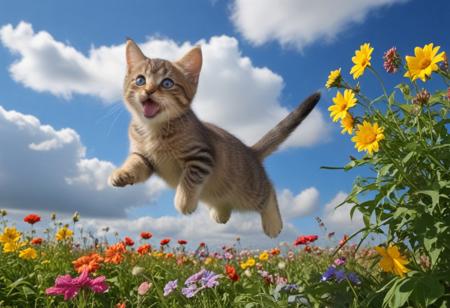 Highly detailed photograph of a tabby kitten leaping through the air above a field of colorful flowers. Side view. Floppy ears, floppy tongue, big eyes, very cute, very happy, joyful. Blue sky with fluffy clouds. Bright sun, (god rays).