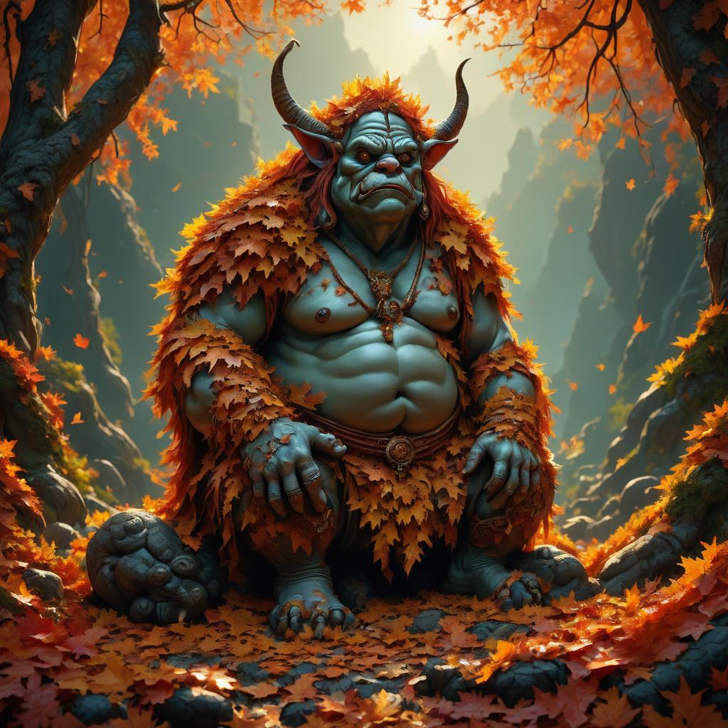 illustration of a ogre sitting in the middle of autumn forest, high quality, dramatic lighting, illustration, fantasy, Magical Autumn