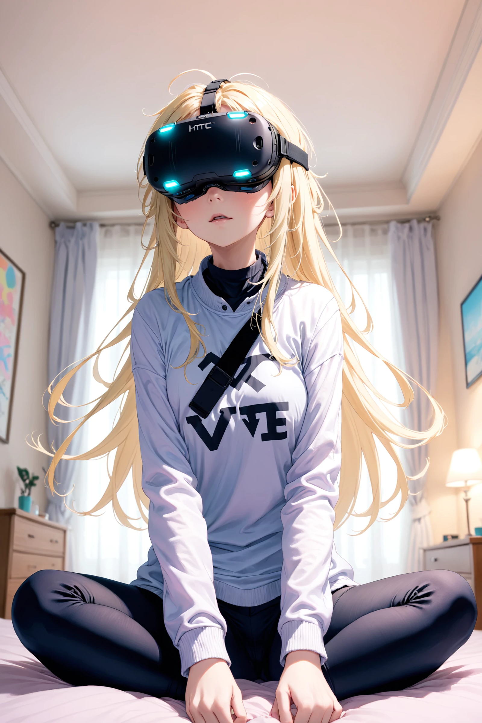 anime, pastel colors, girl, sitting on bed, wearing vr goggle, HTC Vive, blonde hair, long hair, casual clothes, bedroom, ...