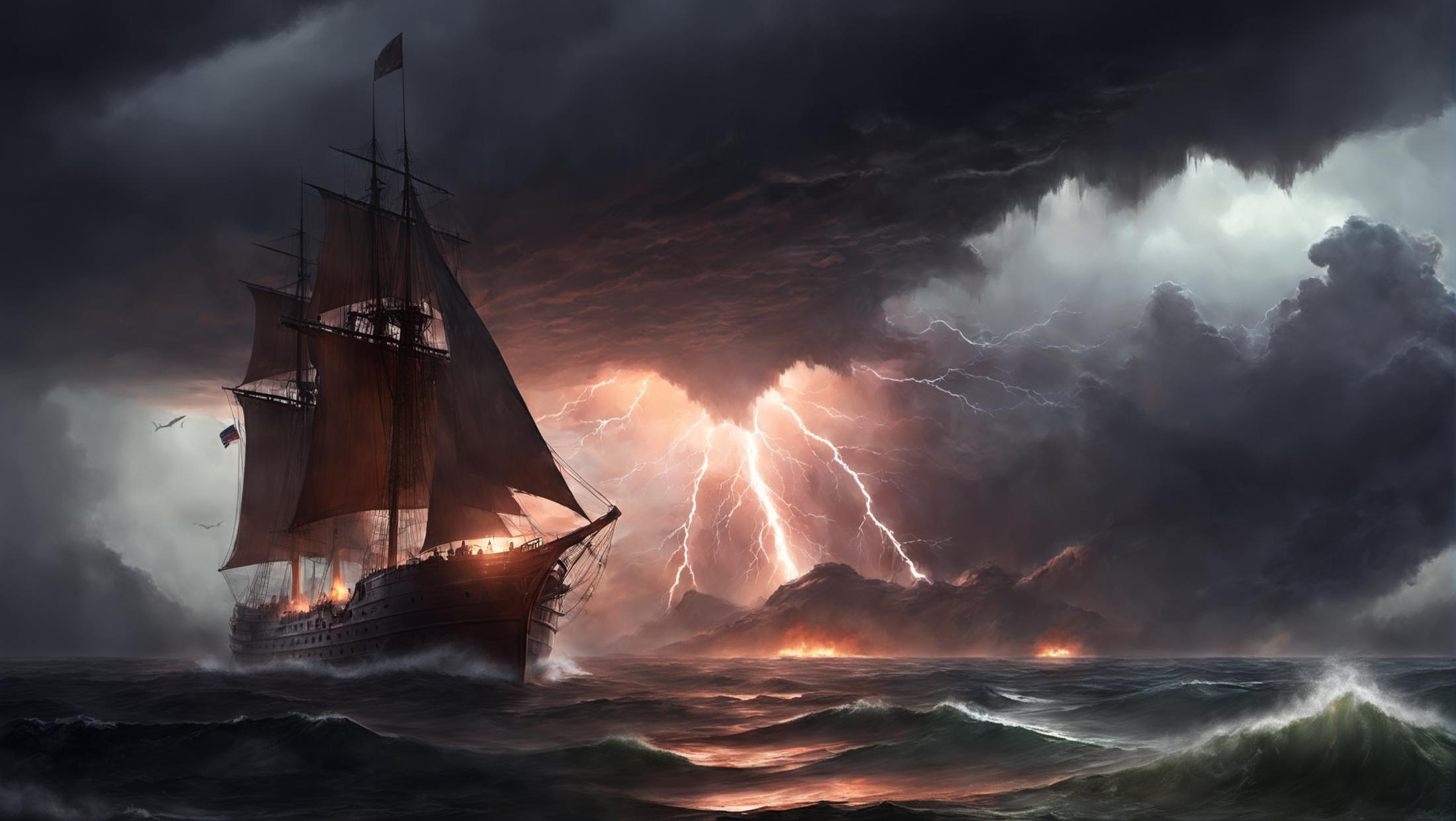 A large ship sailing through rough seas with lightning in the background.