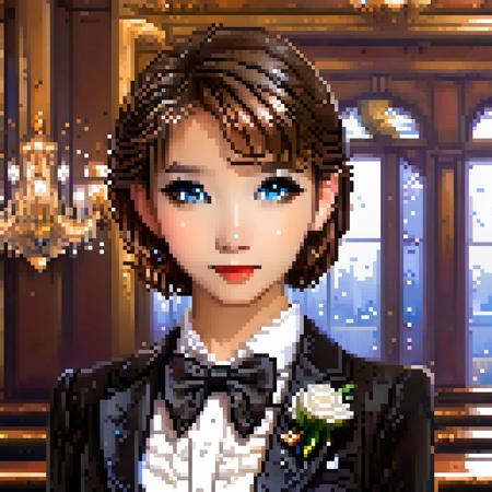 <lora:pixel_stormXL:1>,pixel art,
1girl, solo, bowtie, brown hair, blue eyes, bow, black bowtie, formal, black bow, short hair, suit, looking at viewer, upper body, shirt, indoors, white shirt, jacket, bangs, black jacket, closed mouth, window, tuxedo, traditional bowtie, flower, lips, name tag,realistic,photograph,pixel art