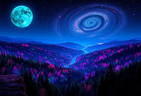 Create a mesmerizing nighttime landscape from the viewpoint of a high cliff on a mountain. A full, deep blue moon with a greenish tint illuminates the scene, casting an ethereal light across the landscape. The forest below is a vast expanse of neon-colored trees, with vibrant hues of electric pinks, blues, purples, and greens that glow against the darkness. A winding river, shimmering with moonlight, meanders through the valley. The sky is alive with an awe-inspiring galaxy, its spirals stretching across the horizon, and filled with countless vibrant stars in radiant colors. The scene should evoke a sense of surreal wonder, blending the mystical and the cosmic in a breathtakingly detailed and vivid display.