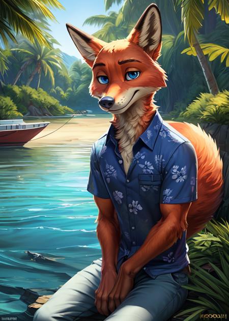 uploaded on e621, ((by Homogenousrule, by Wildering, by Foxovh, by Catcouch)),
solo ((nick wilde)) with ((neck tuft)) and (fluffy tail) and ((clear navy blue eyes)),
((half-length portrait)), ((wear blue hawaii floral shirt with grey pants)),
BREAK
((sitting at island with plant and water on sunny day, white boat)),
(detailed background, depth of field, half body shadow, sunlight, ambient light on the body),
(intricate:0.7), (high detail:1.2), (unreal engine:1.3), (sharp focus:1.15),
[explicit content, questionable content], (masterpiece, best quality, 4k, 2k, shaded, absurd res)