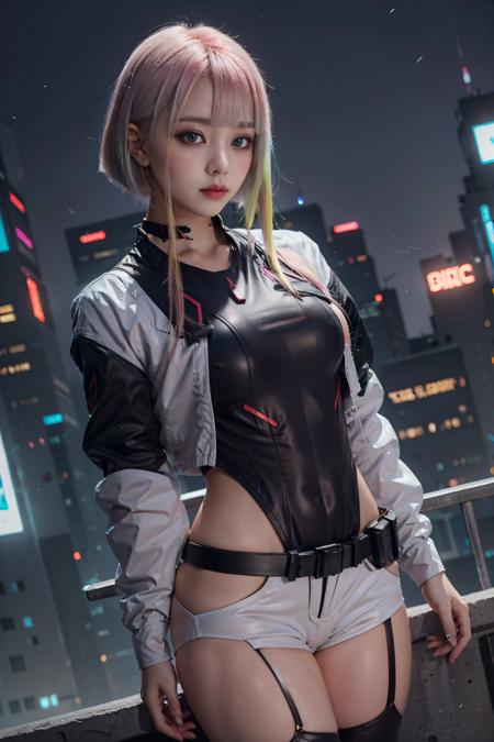 realistic, realistic details, detailed, (((1 girl, xlcb, cosplay, lucy (cyberpunk), short hair, bangs, medium breast, multicolored hair, highleg leotard, cyborg, cropped jacket, open jacket, shorts, thigh high, perspective, blurry background, depth of field, sharp focus, focus on face, full body, outdoor, cyberpunk, night, looking at viewer)))   (ulzzang-6500-v1.1:0.3) <lora:D_cuteKoreanGirlLora_cuteKoreanGirlLora:0.2> <lora:A_Cyberpunk_Lucy:0.85>