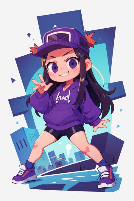 masterpiece, best quality,  <lora:cassettegirl-nvwls-v1-000009:0.9> cassettegirl, hat, purple hoodie, short shorts, sneakers, chibi, cityscape, graffiti, dynamic pose, hand up, furrowed brow, grin