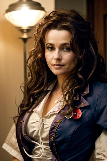 <lora:Helena_Bonham_Carter:1> 1woman, solo, mature hb1873c, , brown_hair, wavy hair, messy hair, nurse costume ,  stream , evening