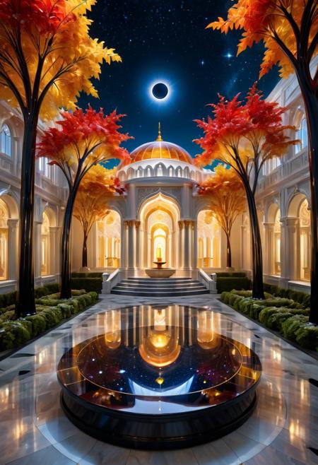 fantasy courtyard, glowing murano_glass_style solar eclipse, celestial event, golden radiant light, mystical atmosphere, red-leaved trees, golden tree trunks, ornate pedestals, cosmic architecture, night sky with stars, marble floor with golden patterns, magical sacred space, fantasy environment, surreal lighting, enchanted realm, stylized realism, expressive brushwork, cinematic urban scenes, intricate linework, impressionistic cityscapes, Art Deco influence, painterly textures, dynamic lighting, bold color palette, architectural focus, narrative illustration, motion and atmosphere, dramatic perspective, elegant composition, visual storytelling, modern impressionism, graphic detail, luminous streetscapes, iconic silhouettes, layered realism