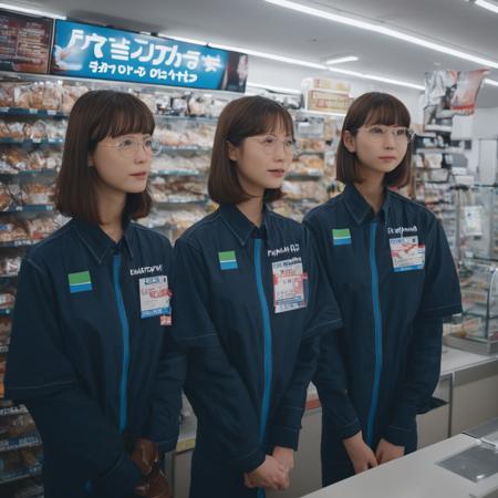 cinematic still best quality, ultra-detailed,
famimaU, employee uniform, japan, convenience store, shop, brown hair, multiple boys, multiple girls, looking at viewer, glasses, open mouth, uniform, shirt, long hair, 2girls, smile, old, indoors, id card, 
 <lora:FAMIMA_scenery_SDXL_V2:1> . emotional, harmonious, vignette, highly detailed, high budget, bokeh, cinemascope, moody, epic, gorgeous, film grain, grainy