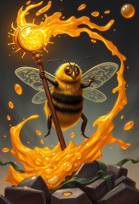 "Mighty bumblebee wizard stands tall, staff in hand, as they unleash a torrent of golden honey magic. The staff's tip glows with a radiant honeycomb jewel, pulsing with energy as the bee's spell takes hold. A wave of sticky, golden destruction erupts from the staff, engulfing the surroundings in a sweet, viscous tide. The bee's eyes blaze with magical intensity as they channel the power of the hive, their tiny form radiating an aura of mighty sorcery. Style: dynamic, action-packed, and richly detailed, with a focus on capturing the bee's magical prowess and the destructive power of their honey spell."