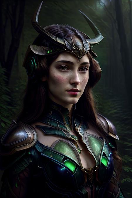 Pre-Raphaelite portrait of (beautiful face, long neck, slender arms)) armor, diadem, Mantis, greater stag beetle, crab, horns, glowing, detailed background, floating particles, darkness, scifi