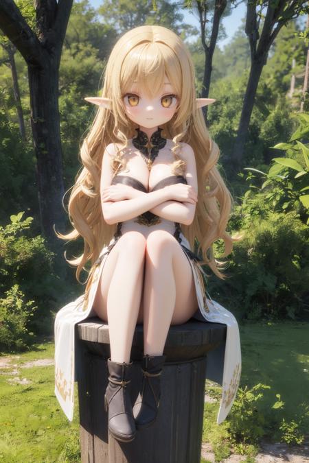 3d:1.1, 1girl, holy elfin, solo, sitting, blonde curly longhair, golden eyes, crossing arms, elfin dress, large breast, soft smile, slender, superb view, outdoor, deep forest, fantasy world