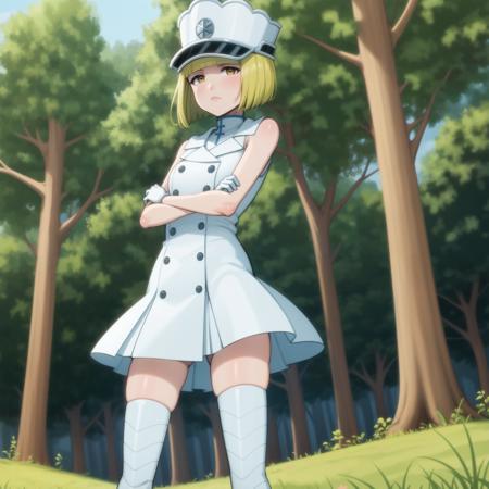 ,outdoors,nature,forest,day, <lora:Liltotto:1>,  <lora:Afrobull:0.6>,1girl, solo, blonde hair,military hat, white gloves, short hair, thigh boots, sleeveless dress, yellow eyes, blunt bangs, white dress, bare shoulders, bob cut, short dress, looking at viewer, boots, white headwear, standing, buttons, white legwear, cowboy shot ,flat chest,yellow eyes,white footwear, , bare arms,  thighs, shiny,  undershirt, cross,crossed arms,