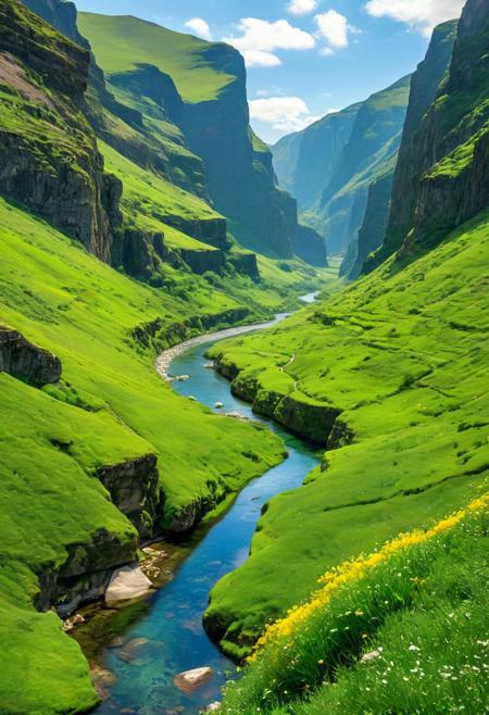 A breathtaking natural landscape featuring a serene and lush valley. The scene is dominated by towering cliffs on either side, their rocky surfaces covered in vibrant green moss, creating a rich, verdant backdrop. A winding river flows through the center of the valley, its clear waters reflecting the surrounding environment as it meanders between the steep walls. The cliffs are rugged and imposing, with patches of exposed rock adding texture to the otherwise green expanse. In the foreground, delicate yellow wildflowers dot the grassy slopes, adding pops of color that contrast beautifully with the deep greens of the vegetation. The river appears calm and tranquil, its path curving gracefully through the narrow gorge. In the distance, the valley opens up to reveal a larger body of water, possibly a lake or fjord, nestled among more distant hills and cliffs. The overall atmosphere is one of peaceful solitude, showcasing the raw beauty of nature in a remote and untouched setting.