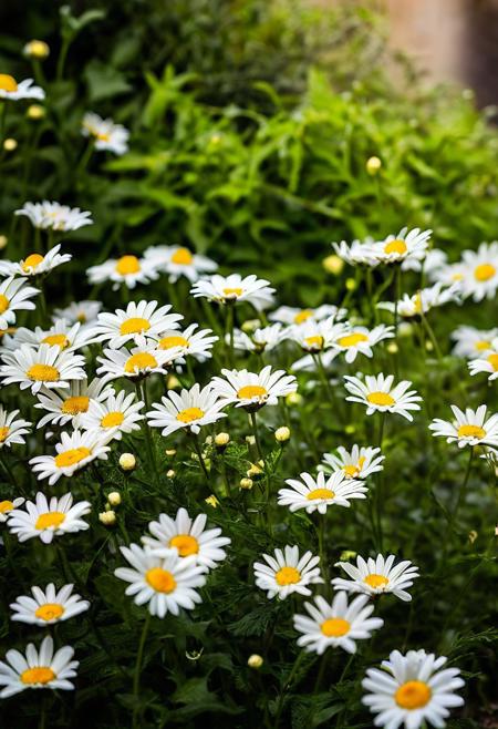 Dof,  flowers looking contemplative. filled with an abundance of daisies and delicate foliage, creating a dreamy and tranquil atmosphere. , allowing natural light to gently illuminate the scene. Features a soft, blurred urban environment, enhancing the sense of calm and introspection. The overall mood should be peaceful and ethereal