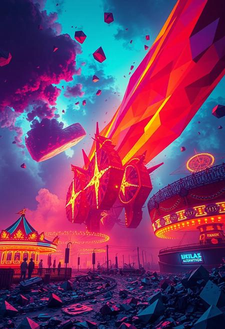 meteor, crashing toward a carnival, vibrant geometric forms, sharp angular meteor fragments, multichromatic oil pastel colors, fragmented atmosphere, glowing hot meteor edges, deep red and violet hues on the meteor, saturated neon colors in the carnival lights, exaggerated geometric rides, recursive shapes in the carnival structure, interlocking polygonal patterns in the rides and booths, shattered terrain below, intricate fractal patterns in the meteor’s trail, chaotic, glowing reflections across metal structures, sharp and jagged forms in the debris, dystopian vibe, high contrast between the meteor’s fiery glow and carnival lights, stark lighting, photorealism, high resolution, (emphasis on sharp geometric meteor and carnival forms:1.6), intersecting planes of the meteor and carnival structures, fractured geometry, unsettling atmosphere, (blurry:-1.2), (ugly:-1.3), (polished:-1.3), (cartoonish:-1.1), (low quality:-1.2), (smooth surfaces:-1.4), (overly ornate:-1.5), (disjointed anatomy:-1.3), (noisy:-1.1), (bad composition:-1.3)