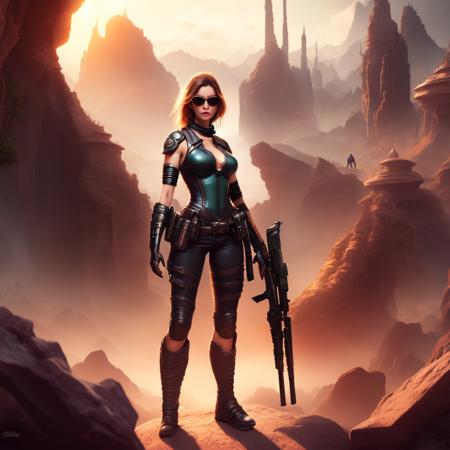 an attractive female bounty hunter standing in a fantasy wilderness (alientemple:1) <lora:djzAlienTemple_LB2:0.8>