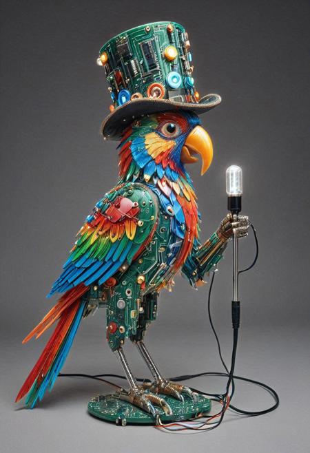 embedding:lazmpos, Transistors, pcb_style, LED, colorful LED lights, RGB lights, red green and blue parrot, art deco, top hat, cane, monocle,RetroBG
