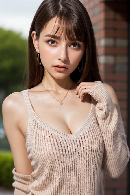 1girl,necklace,jewelry,brown hair,long hair,brown eyes,sweater,lips,bangs,white sweater,sexy pose,best quality,masterpiece,illustration,an extremely delicate and beautiful,CG,unity,8k wallpaper,Amazing,finely detail,masterpiece,official art,extremely detailed CG unity 8k wallpaper,incredibly absurdres,huge filesize,ultra-detailed,highres,extremely detailed,beautiful detailed girl,realistic,full frontal,outdoors,light contrast,<lora:Lina Arashi:0.8>,completely nude,