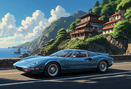 (studio ghibli digital drawing), best quality, masterpiece, extremely detailed,  professional  art,  professional painting, an extremely delicate and beautiful, dynamic,  great lighting, perfect shading, professional shading, depth of field,   side soft light, elegant, gorgeous, highly detailed,   full shot, uncropped,   pure genious, absolutely perfect,  highly detailed, breathtaking, classic sports car, comfortable and sleek, retro futuristic, dynamic turn around a corner, beautiful coastal road,