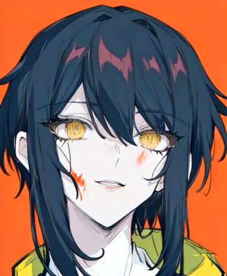 <lora:inuyama_muneto-style-v1:0.8>, 1girl, portrait, orange background, black hair, yellow eyes, eye spiral, ringed eyes, blood splatter, green hoodie, white tshirt