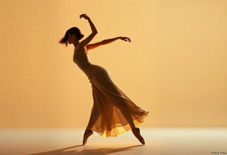 A contemporary dance photograph capturing a figure in motion with a curvaceous silhouette, styled in avant-garde haute couture. The pose features a graceful bend, emphasizing organic form against a minimalist backdrop. Shot with an 85mm f/1.4 lens, using shallow depth of field and golden-hour hues for warmth. Inspired by Helmut Newton's chiaroscuro and Art Deco geometry, rendered as a 4K hyperrealistic digital painting. Subtle motion blur adds dynamism, while soft-focus textures and metallic accents introduce futurism. Context: editorial fashion spread for Vogue Italia, 2023.