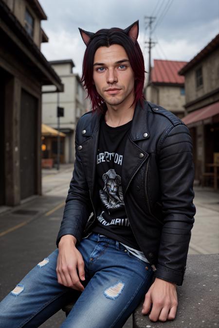 Chris_Xvoor,  1boy,  male focus,  solo,  looking at viewer, ,  blue eyes,  black hair,  animal ears,  sitting,  jacket,  red hair,  outdoors,  day,  pants,  cat ears,  blurry,  black jacket,  torn clothes,  blurry background,  denim,  jeans,  leather,  torn pants,  leather jacket,  torn jeans,  denim jacket,  upper body,  specular highlights,  detailed face,  detailed eyes,  detailed hair,  textured hair,  rim lighting,  extreme light and shadow,  masterpiece,  official art,  portrait, <lora:EMS-47371-EMS:0.500000>