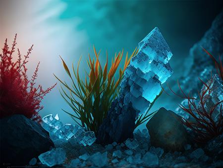 <lora:dooli_yiu_v10:0.6>, a close up of a bunch of rocks and plants, computer graphics by Christian W. Staudinger, behance contest winner, environmental art, undersea environment, underwater environment, deep underwater scene,
cold tones, blue color spectrum, lowkey, dimmed, vignette, cinematic light