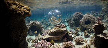 (masterpiece)+, (best quality)+, (Intricate detail)+, underwater grotto, glass sphere in foreground