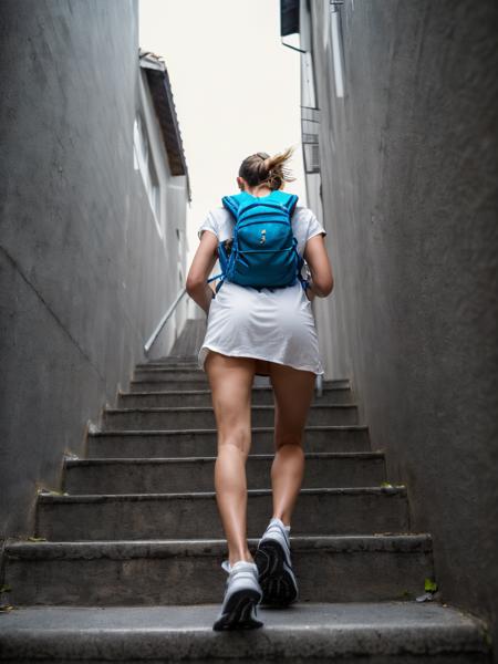 photo ((masterpiece)), ((best quality)), ((high detail)), ((realistic,)), ((european girl,  running on stairs, small backpack,  lvcrftn, ( Trinidadian micro mini dress),  in front of)) a monster hiding under the bed formidable dark streets at night,  night sky, <lora:lvcrftn:1>