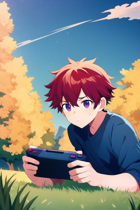 <lora:noyrv2:0.7> male focus, male only, park, grass, outside, holding game boy, playing video games, red hair, looing down, concentrating, blue sky