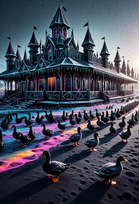 <lora:ObsidianSand:0.8>, abandoned amusement park made of obsidian, melting black and neon ice cream everywhere, ducks dancing in line, eerie yet colorful dreamscape
,ObsidianSand