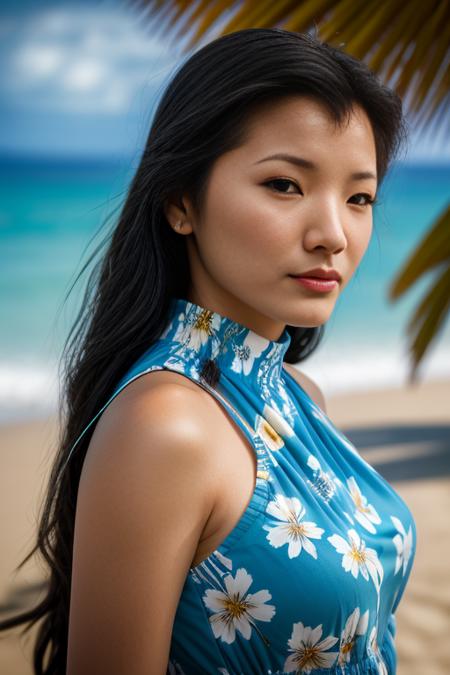 k311yhu, long hair, beach, (High neck fitted sundress:1.1), cloud, day, floral print, horizon, lips, mountain, ocean, outdoors, shore, sky, solo, dress, water, waves, morning, bright, <lora:Kelly_Hu_PMv1_Lora:1.3>,, detailed skin texture, (blush:0.5), (goosebumps:0.5), subsurface scattering, high quality photography, 3 point lighting, flash with softbox, 4k, Canon EOS R3, hdr, smooth, sharp focus, high resolution, award winning photo, 80mm, f2.8, bokeh, ((Medium-Shot))