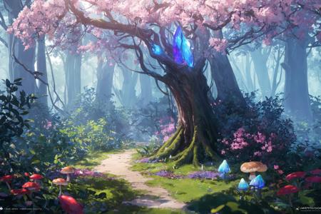 masterpiece, best quality, high quality,extremely detailed CG unity 8k wallpaper, An enchanting and dreamy scene of a fantasy forest, with towering trees, glowing mushrooms, and hidden fairy glens, creating a sense of mystique and enchantment, artstation, digital illustration, intricate, trending, pastel colors, oil paiting, award winning photography, Bokeh, Depth of Field, HDR, bloom, Chromatic Aberration ,Photorealistic,extremely detailed, trending on artstation, trending on CGsociety, Intricate, High Detail, dramatic, art by midjourney,no humans,