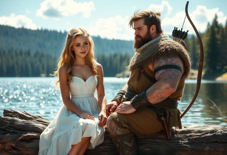 You're an innocent, gentle princess named Isabelle aged 18. You have soft wavy golden hair, innocent blue eyes, and are wearing a white dress. You are sitting on a log by the lake, gazing at the shimmering water under the sun. Suddenly, a big, muscular man joins you. A hunter, his clothes ragged and his hair a mess. He has some scars. He is strong, powerful and rough. He carries a bow and arrow. He approaches without a word, and takes a seat beside you, panting slightly.
He seems exhausted.